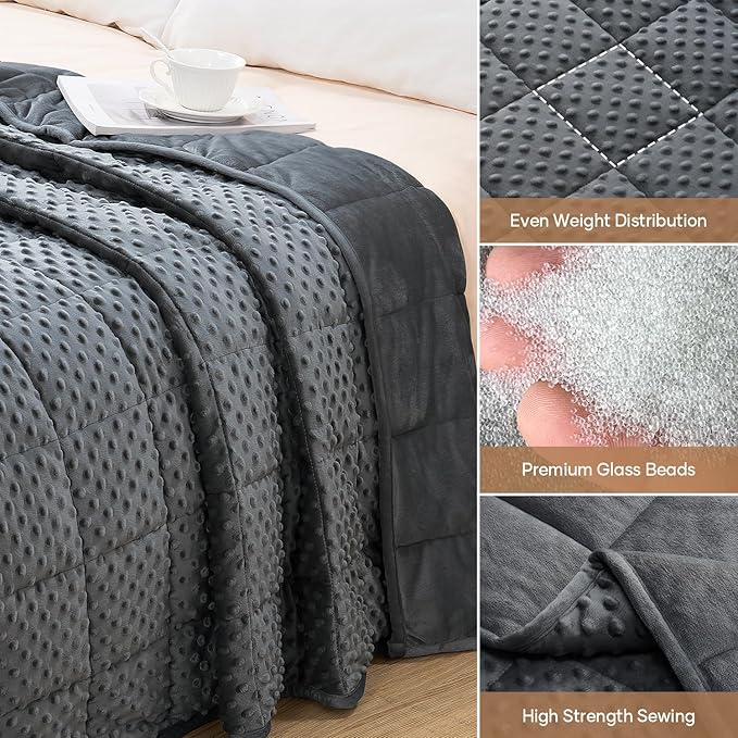 Wemore Minky Dot Weighted Blanket for Adults Queen Size 15 lb, Soft Heavy Blanket for Stress Relief and Sleep Promotion, Breathable Blanket for All-Season with Glass Beads, Dark Grey 60 x 80 inches