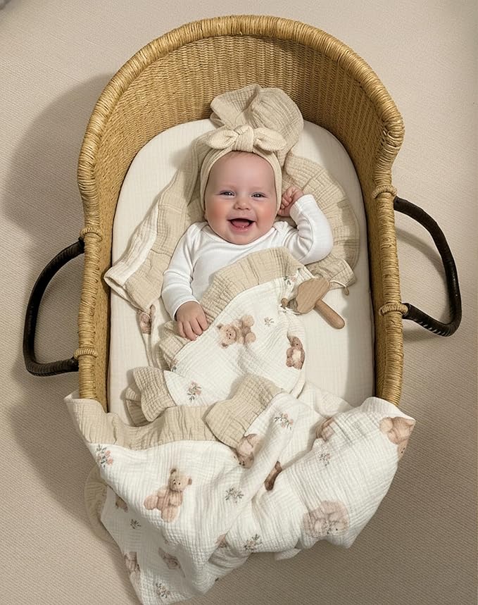 Muslin Ruffled Baby Blanket, Extra Large 52 x 52 Inches, Soft Breathable Cotton Crib Blanket for Newborn Infant Toddler (Vintage Blossom-Ruffled, Printed)