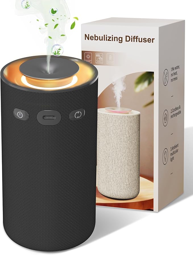 Waterless Essential Oil Diffuser,Portable Car Diffuser Rechargeable-Cordless Scent Air Machine with Fabric Design,Adjustable Mist & Ambient Light for Home, Office,Travel(Black)
