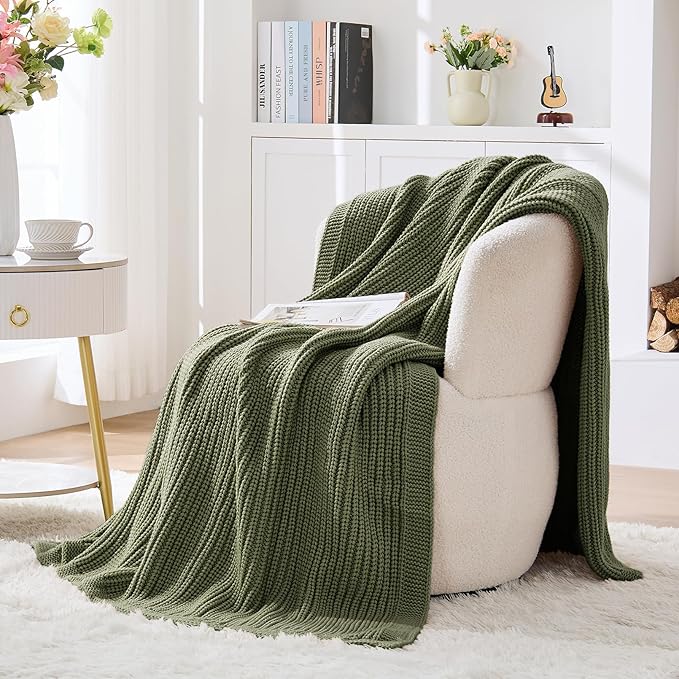 Chunky Knit Olive Green Throw Blanket 50"x60",Soft Cozy Thick Knitted Blanket for Couch Sofa Bed, Cute Decorative Throw for Living Room
