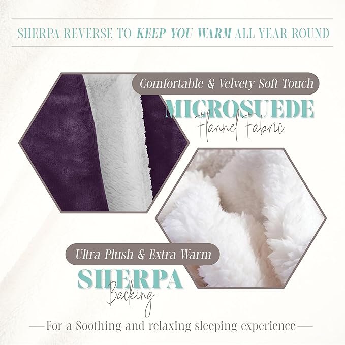 Elegant Comfort Throw Blanket, Reversible Sherpa Flannel, Ultra-Soft, Fuzzy, Cozy and Plush- All Season Lightweight Decorative Throw, 50 x 60 inches, Solid Sherpa Throw, Purple