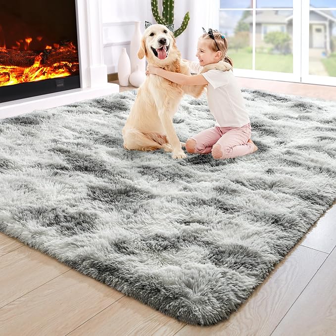 Noahas Fluffy Bedroom Rug,3x5 Feet Plush Fuzzy Tie-Dyed Grey and White Area Rugs for Living Room, Non Slip Thick Soft Shaggy Nursery Furry Floor Dorm Kids Carpet