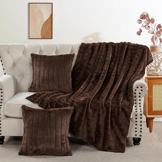 Striped Throw Blanket and Pillow Covers Set (No Inserts) for Couch and Bed, Plush Warm Lightweight Fuzzy Faux Fur Blanket for All Seasons (50" x 60", Coffee Brown)