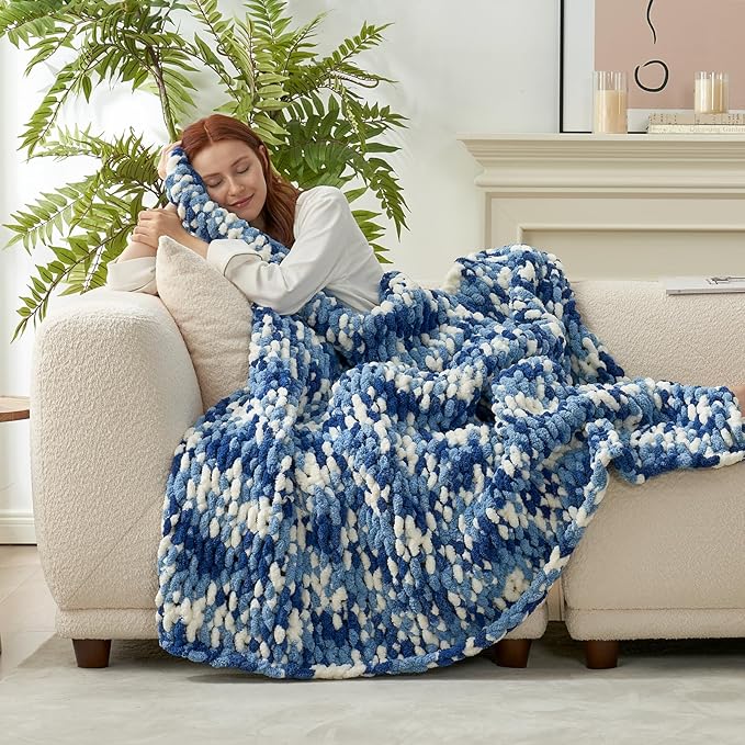 Amélie Home Chunky Knit Throw Blanket for Couch, Soft Chenille Handmade Crochet Throw Rope Knot Blanket for Couch, 50"x60", Space-Dyed Blue