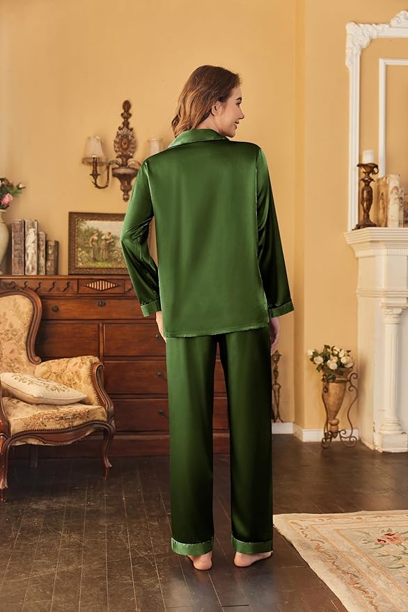 Ekouaer Women's Classic Button Down Long Satin Silk Pajama Set