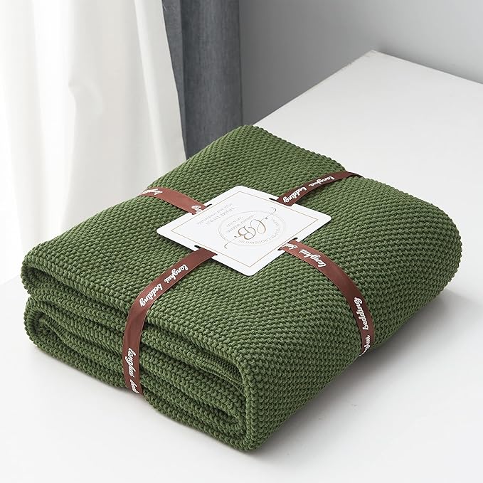 Longhui bedding Olive Green Cotton Cable Knit Throw Blanket for Couch Sofa Bed, Home Decorative Lightweight Knitted Blankets with Bonus Laundering Bag, 50“ x 60”, Machine Washable