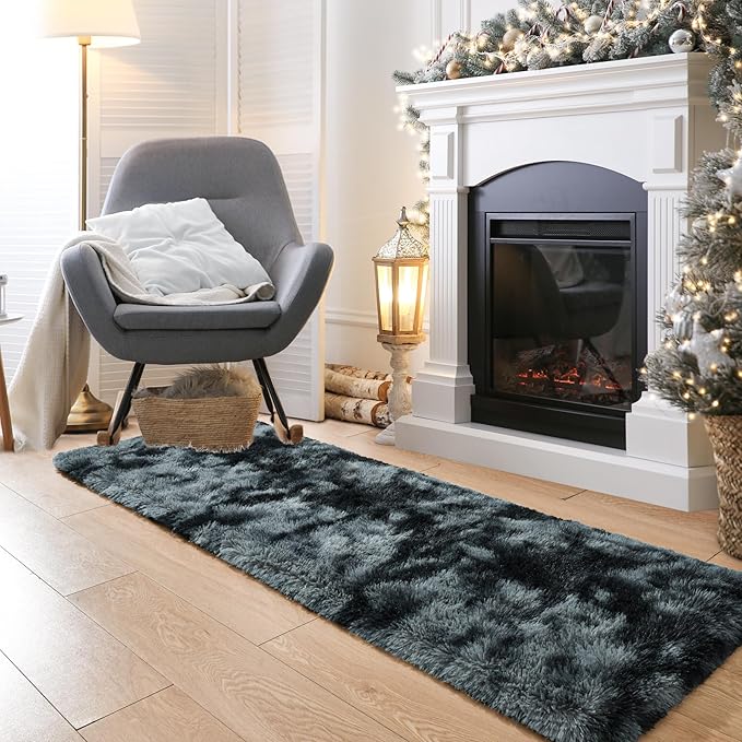 Noahas Runner Rug for Hallway,2'x6' Tie-Dyed Black and Grey Long Area Rugs for Bedroom Living Room,Non Slip Thick Shag Carpet for Entryway Dorm Bedside Kids Room