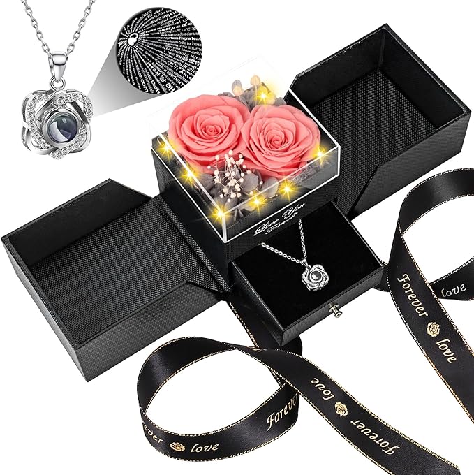 2 Preserved Real Rose with Heart I Love You Necklace- Eternal Rose Birthday Gifts for Women Wife Girlfriend Her Mom on Festivals Gifts Christmas Valentines Mothers Day Anniversary-Peach Pink Roses