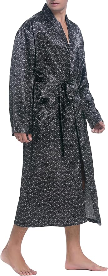 Lavenderi Mens Silky Satin Lounge Robe, Long Lightweight Sleepwear