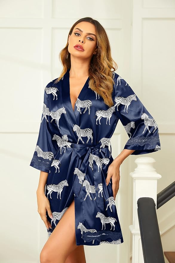 Ekouaer Women's Lace-Trim Silk Robes Bride Bridesmaid Kimono Satin Bathrobe V Neck Sleepwear with 3/4 Sleeve