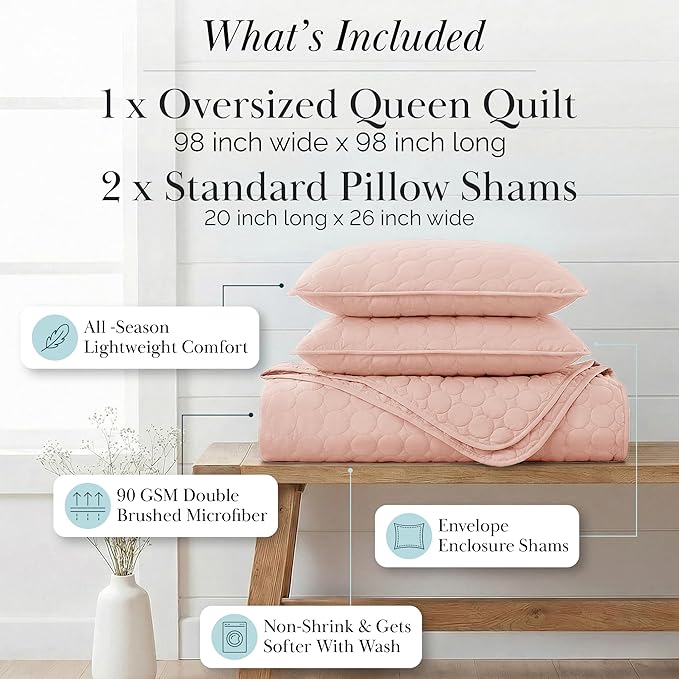 Southshore Fine Living, Inc. Oversized Full Size Quilt Bedding Set, Lightweight Bedspread, Soft Coverlet 3-Piece Set with Two Matching Quilted Pillow Shams, All Season Full/Queen Quilts, Pastel Pink