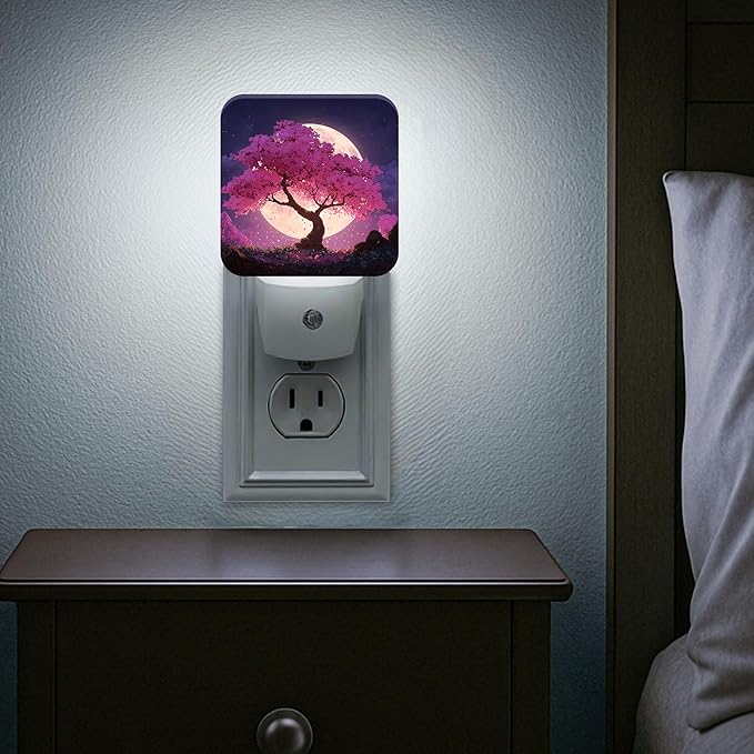 Cherries Blossom Night Lights Plug Into Wall, Nature Dreamy Moon Night Sky Spring Peach Dusk to Dawn Led Plug in Lights for Living Room Entryway Kitchen Decor 2pcs