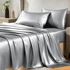 CozyLux Satin Sheets Twin XL Sheets - 3 Piece Silky XL Twin Sheet Set, Luxury Extra Long Light Grey Sheet with Smooth and Soft Microfiber, Includes 1 Fitted Sheet, 1 Flat Sheet and 1 Pillowcase