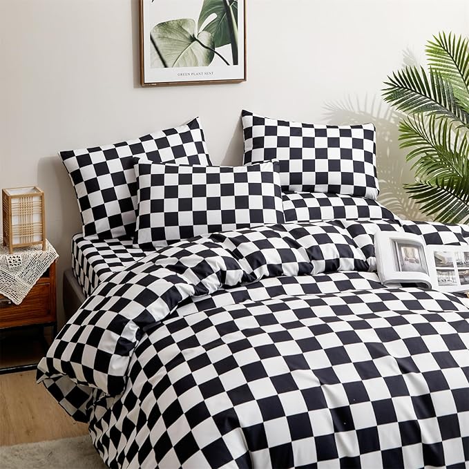 CLOTHKNOW Black White Plaid Twin Comforter Set Grid Bedding Comforter Sets Soft Checker Black and White Comforter with 2 x Pillow Cases