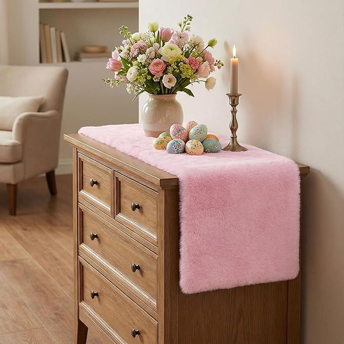 duduta Pink Faux Fur Table Runner 48 inches Long, Fluffy Spring Easter Dresser Runner Coffee Table Runner Girls Room Decor