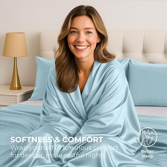 Satin Sheets California King [4-Piece, Skyblue] Luxury Silky Bed Sheets - Extra Soft 1800 Microfiber Sheet Set, Wrinkle, Fade, Stain Resistant - Deep Pocket Fitted Sheet, Flat Sheet, Pillow Cases