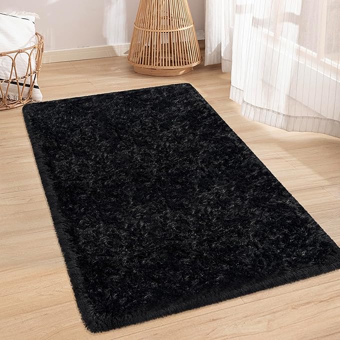 Black Shaggy Rugs for Bedroom Living Room 3x5 Plush Fluffy Rug Soft Fuzzy Fur Home Decor Non Slip Modern Indoor Furry Floor Carpet Throw Area Rug for Nursery Kids Boys Room Dorm Office