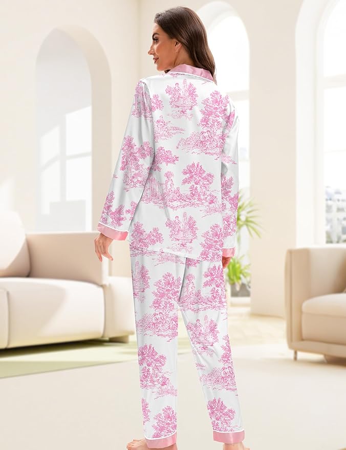 EPLAZA Silk Pajamas for Women Satin Pajamas Set 5 Pcs Long Sleeve Print Pattern Button Down Pjs Sleepwear Loungewear Set
