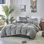 CLOTHKNOW Grey Velvet King Size Comforter Set Gray Bedding Comforter Sets Soft Flannel Comforter with 2 x Pillow Cases