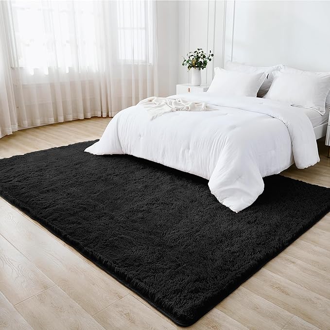 Litanika 4x6 Shag Area Rug for Living Room Bedroom, Black High Pile Ultra Soft Plush Shaggy Furry Bedside Playroom Dorm Carpet, Non-Slip, Non-Shedding Modern Indoor Floor Rug