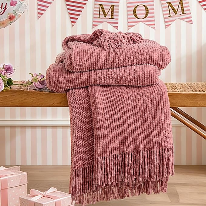 inhand Coral Pink Chunky Chenille Throw Blanket for Couch Bed, Mothers Day/Mom Birthday Gifts for Mom from Daughter Son,Soft Boho Knitted Blanket,Cozy Decor for Living Room,60"x80",Medium Thick