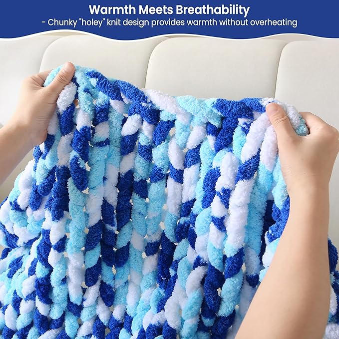 Mooreeke Chunky Knit Blanket 40"x50", Soft Chenille Throw Blanket Cozy 100% Handmade Crochet Gift Blankets with Jumbo Chenille Yarn for Couch Bed Sofa Room Decor - Blue and White