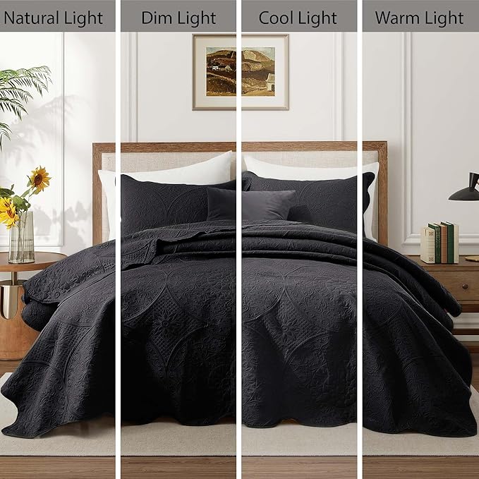 IR Imperial Rooms Twin Quilt Bedding Set Size (68” x 86”) + 1 Pillow Shams (20” x 26” + 2”) - 2 Pcs All Season Lightweight Reversible Microfiber Coverlet Floral Embossed Quilt Bedspread (Black)
