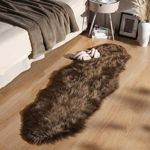 Ashler Faux Fur Rug, Fluffy Shaggy Area Rug Ultra Soft 2 x 6 Feet Sheepskin Fur Rug, Dark Coffee Fuzzy Rug Machine Washable Shag Rug, Nursery Decor Throw Rugs for Bedroom, Kids Room, Living Room