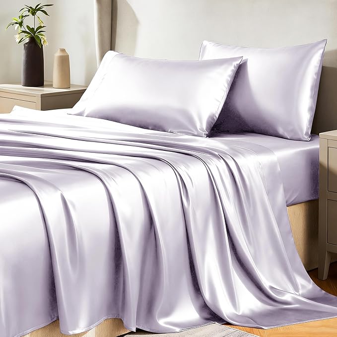 CozyLux Satin Sheets Queen Size Bed Set - 4 Piece Silky Queen Sheet Set, Luxury Taro Purple Queen Sheets with Smooth and Soft Microfiber, Includes 1 Fitted Sheet, 1 Flat Sheet and 2 Pillowcases