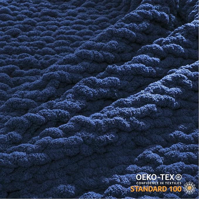 WESHIONGOO Chunky Knit Blanket Throw 51"×63" Knitted Throw Blankets for Couch Bed Fluffy Soft Blanket with Jumbo Chenille Yarn Thick 100% Handmade (Navy Blue)