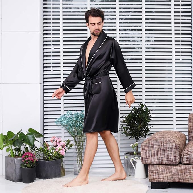 Mens Satin Robe,Silk Long Sleeve House Kimono Bathrobe,Soft Loungewear Dragon Robe