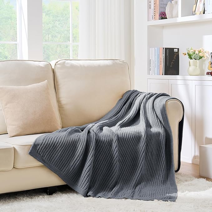 Chunky Knit Dusty Blue Throw Blanket Soft Cozy Decorative Blanket for Couch Sofa Bed Living Room,Spring Throw 60"x80"