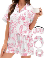 EPLAZA Silk Pajamas for Women Satin Pajamas Set 5 Pcs Long Sleeve Print Pattern Button Down Pjs Sleepwear Loungewear Set