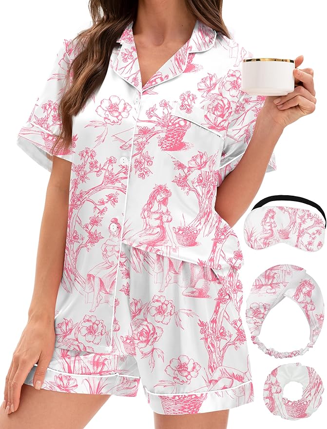 EPLAZA Silk Pajamas for Women Satin Pajamas Set 5 Pcs Long Sleeve Print Pattern Button Down Pjs Sleepwear Loungewear Set