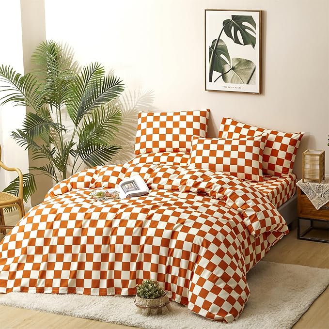 CLOTHKNOW Orange Beige Plaid Comforter Set Twin Grid Bedding Comforter Sets Soft All Checker Comforter with 2 x Pillow Cases