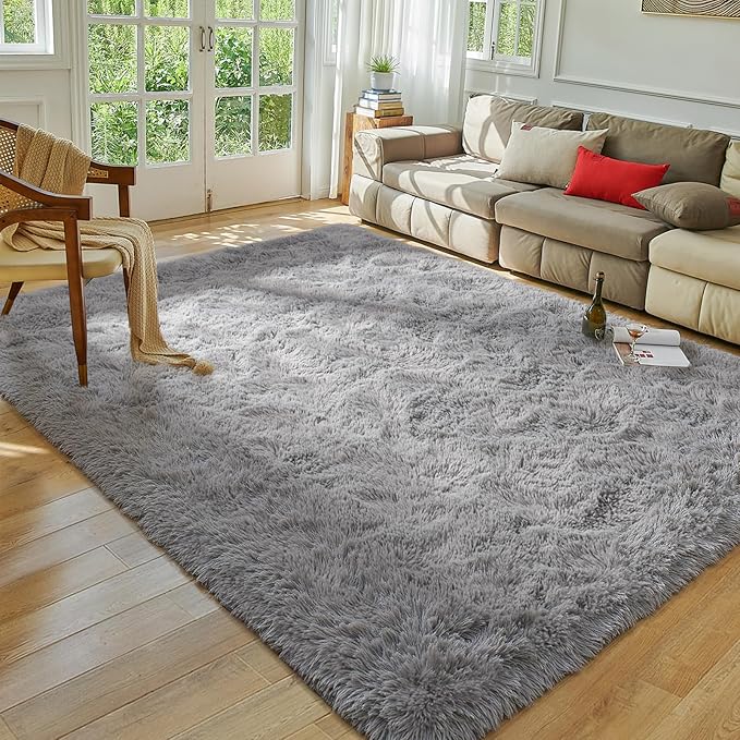 Softlife Area Rug for Bedroom, Fluffy Shag Plush Grey Rugs for Living Room Girls, Shaggy Throw Soft Fuzzy Small Kids Carpet for Dorm Bedside Ultra Cozy Non-Slip Indoor Decor, 4x5.3 Feet