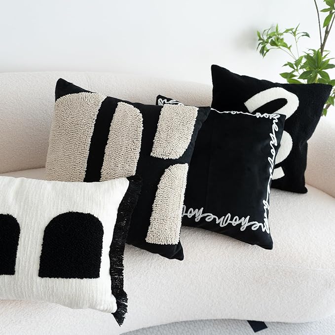 Black White Boho Fringe Tasseled Pillow Cover, Neutral Decorative Rectangular Throw Pillow Case, Geometric Modern Sham for Bed Couch Living Room, 12x20 inches, 1PCS