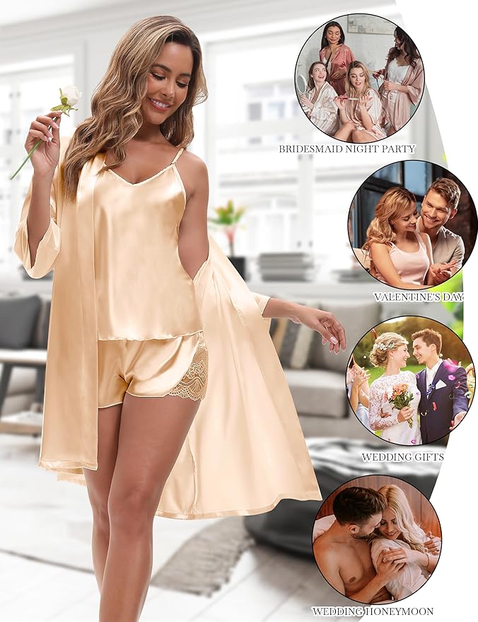 EPLAZA 3 Pcs Silk Pajamas for Women Satin Pajama Set Sexy Lace V-neck Cami Top Shorts Pjs Set with Robe Sleepwear