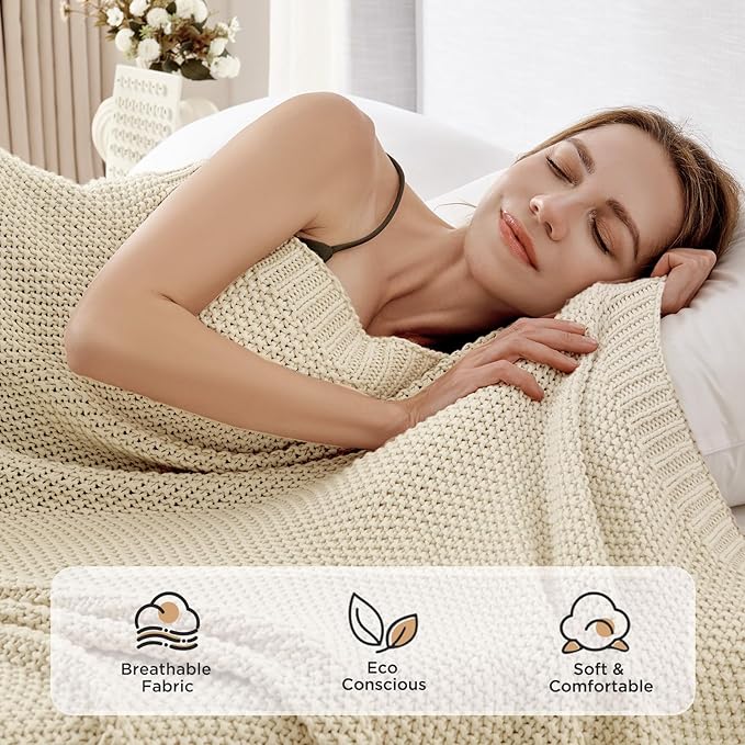 Joydeco Chunky Cable Knit Throw Blanket, Lightweight 100% Cotton Soft Cozy Throw Twin Blanket for Couch Bed and Sofa, Rustic Breathable Farmhouse Blanket Gift for Women Men(Cream White, 60"x80")
