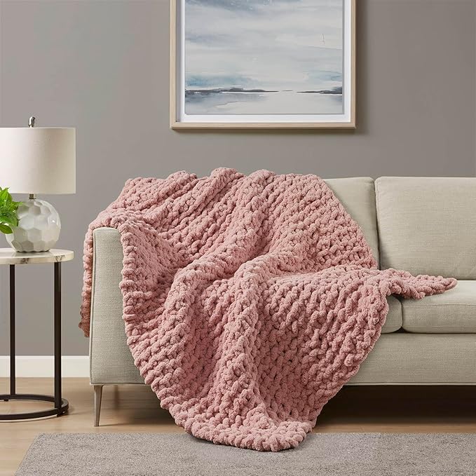 Madison Park Chenille Chunky Knit Handmade Throw Blanket, Luxuriously Soft Gift Blankets, Cottage Style Room Décor, Lightweight & Breathable All Seasons Throw Blanket for Couch, 50" W x 60" L Blush