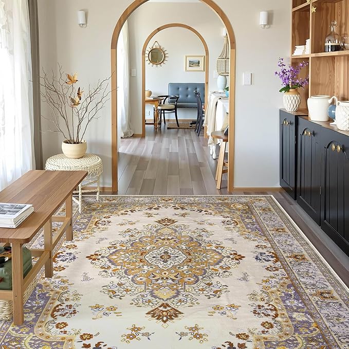 CRYPTOLITE Vintage Area Rug 5x8 Rugs, Machine Washable Vintage Area Rug Non-Slip Low Pile Large Rug for Living Room, Bedroom, Farmhouse, Dining Room, Beige