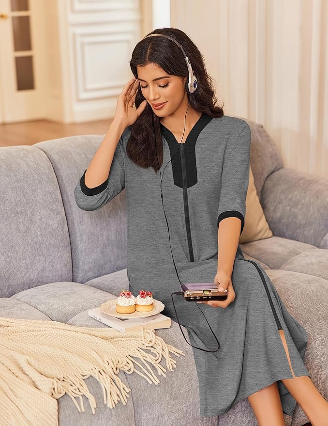 Ekouaer Women's Zipper Robe 3/4 Sleeves Housecoat Full Length Nightgown Soft Loungewear Robe with Pockets S-3XL