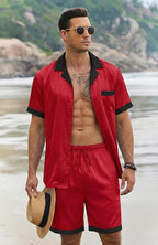 Ekouaer Men Satin Silk Pajamas Set with Pockets Sleepwear Shorts Satin Summer Loungewear 2 Piece Button Down Set S-3XL