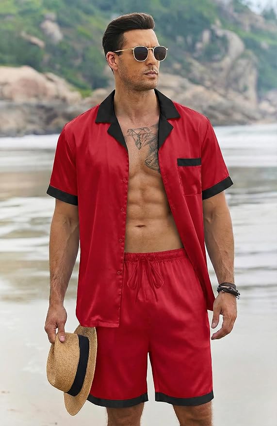 Ekouaer Men Satin Silk Pajamas Set with Pockets Sleepwear Shorts Satin Summer Loungewear 2 Piece Button Down Set S-3XL