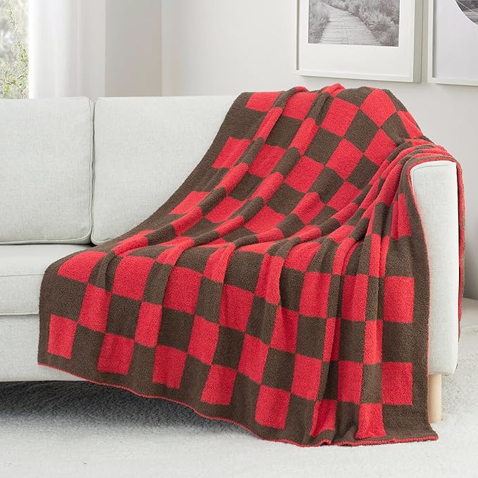 Carriediosa Checkered Throw Blanket 50" X 60", 400GSM Ultra Soft Microfiber Fuzzy Fluffy Reversible Cute Preppy Knitted Blankets Cozy Plush Fall Throws for Couch, Bed, Sofa, Red and Brown