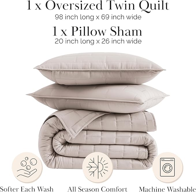 Southshore Fine Living, Inc. Oversized Quilt Bedding Set, Twin XL Quilts with Matching Quilted Pillow Sham, Brick Pattern Symmetrical Stitching, Soft Quilted Coverlet, Lightweight Twin Bedspread, Bone