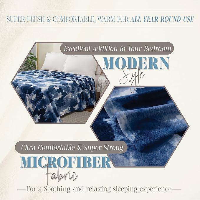 Elegant Comfort Luxury Velvety Feel Blanket, All-Season Lightweight Blanket, Ultra Plush, Soft, Cozy-Fuzzy Flannel Fleece for Couch, Sofa, Bed, Travel, Camouflage Design, King/California King, Blue