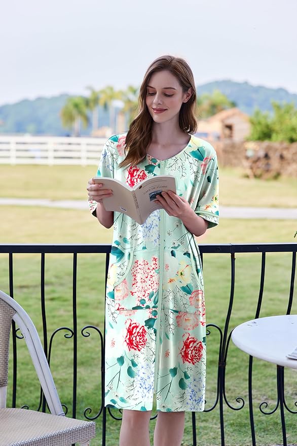 Ekouaer Women Zipper Robe Short Sleeve Duster Housecoat Short Bathrobes Zip Front Nightgown with Pockets S-3XL