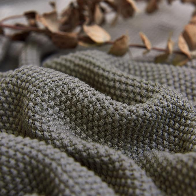 Longhui bedding Medium Grey 100% Cotton Cable Knit Lightweight Throw Blanket for Couch Sofa Bed Home Décor, Bonus Laundering Bag, Gray Color 50“ x 60” Machine Washable