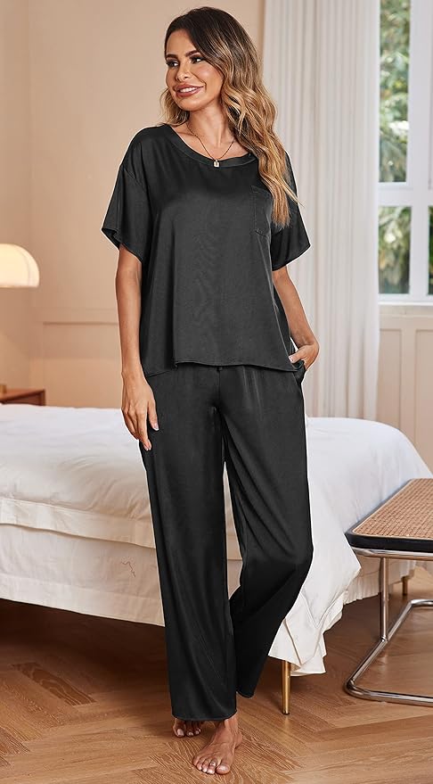 Ekouaer Womens Satin Silky Pajama Set Short Sleeve Shirt with Long Pajama Pant Set Soft PJ Loungewear